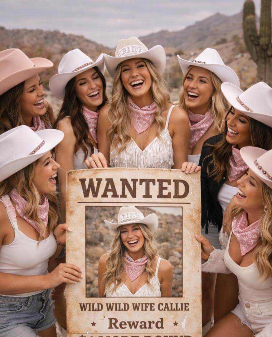A group of women in white and pink western outfits and hats, smiling and laughing outdoors. One holds a “WANTED” sign featuring another woman in the center, labeled “Wild Wild Wife Callie.” Cacti and mountains are in the background.