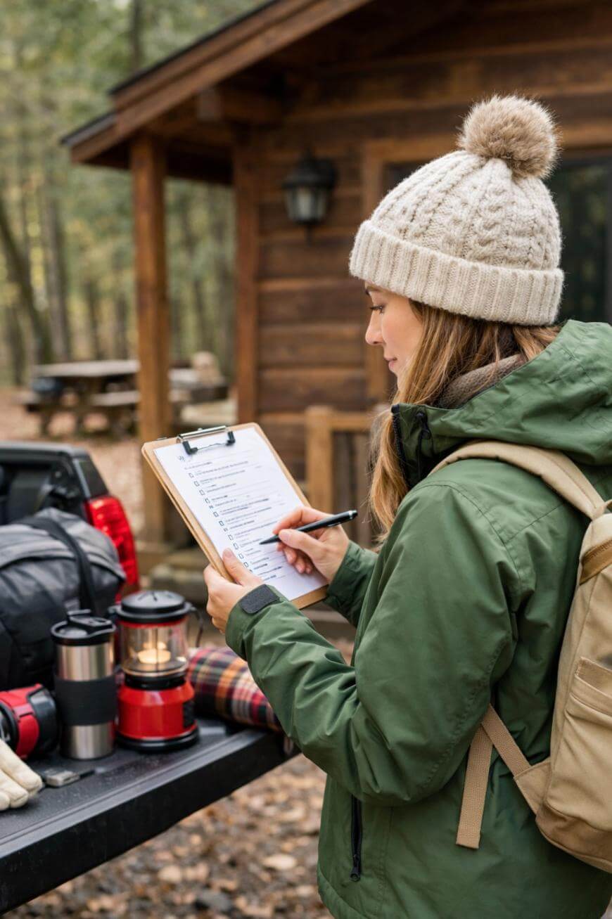 A person wearing a green jacket and knit hat checks off items on a clipboard outdoors, standing beside camping gear and a lantern near a wooden cabin.