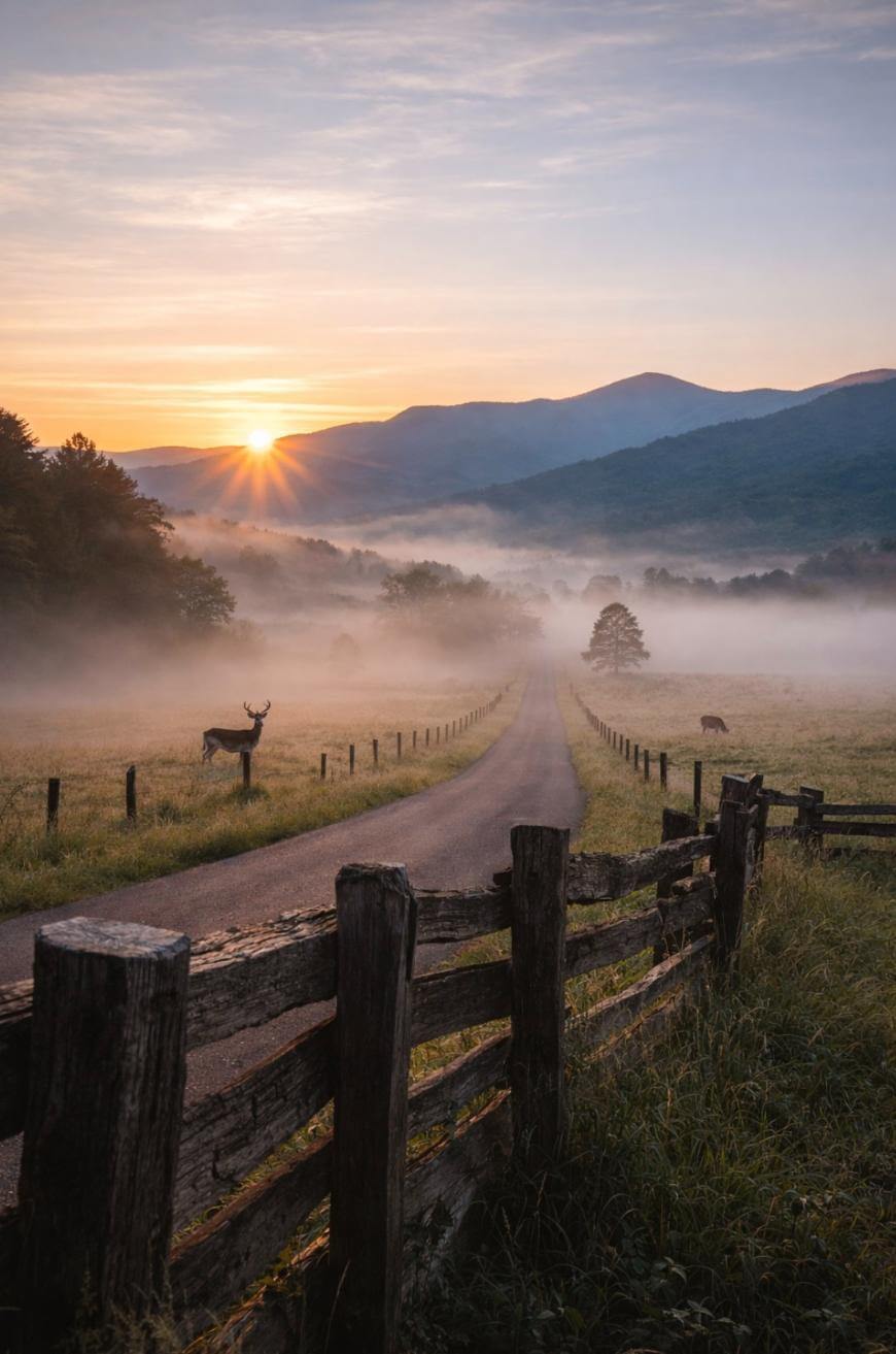 A narrow country road leads through misty fields at sunrise, with a wooden fence in the foreground, deer grazing in the grass, and mountains silhouetted against the glowing sky.