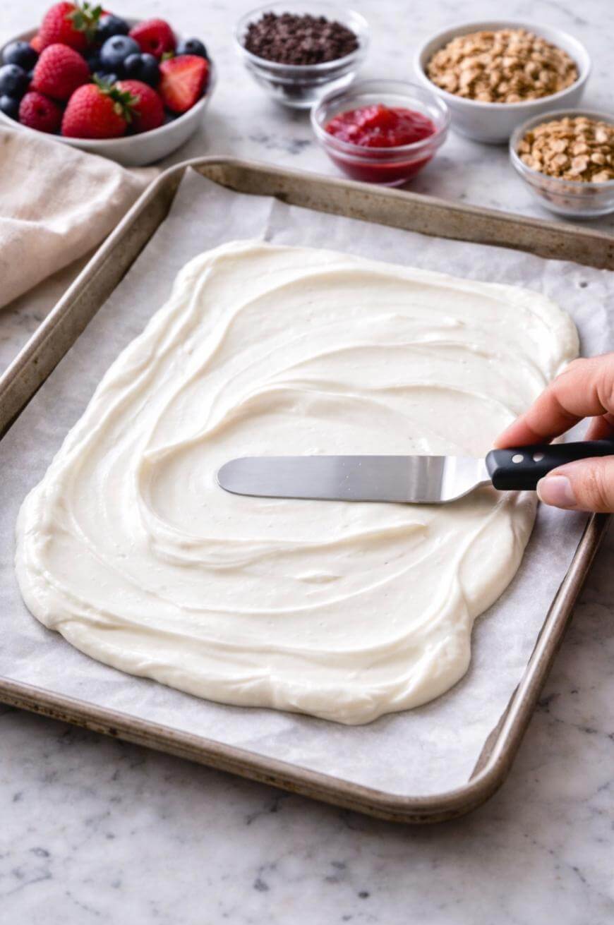 A hand uses an offset spatula to spread creamy white mixture on a parchment-lined baking sheet. Bowls of berries, chocolate chips, jam, and granola are in the background on a marble countertop.