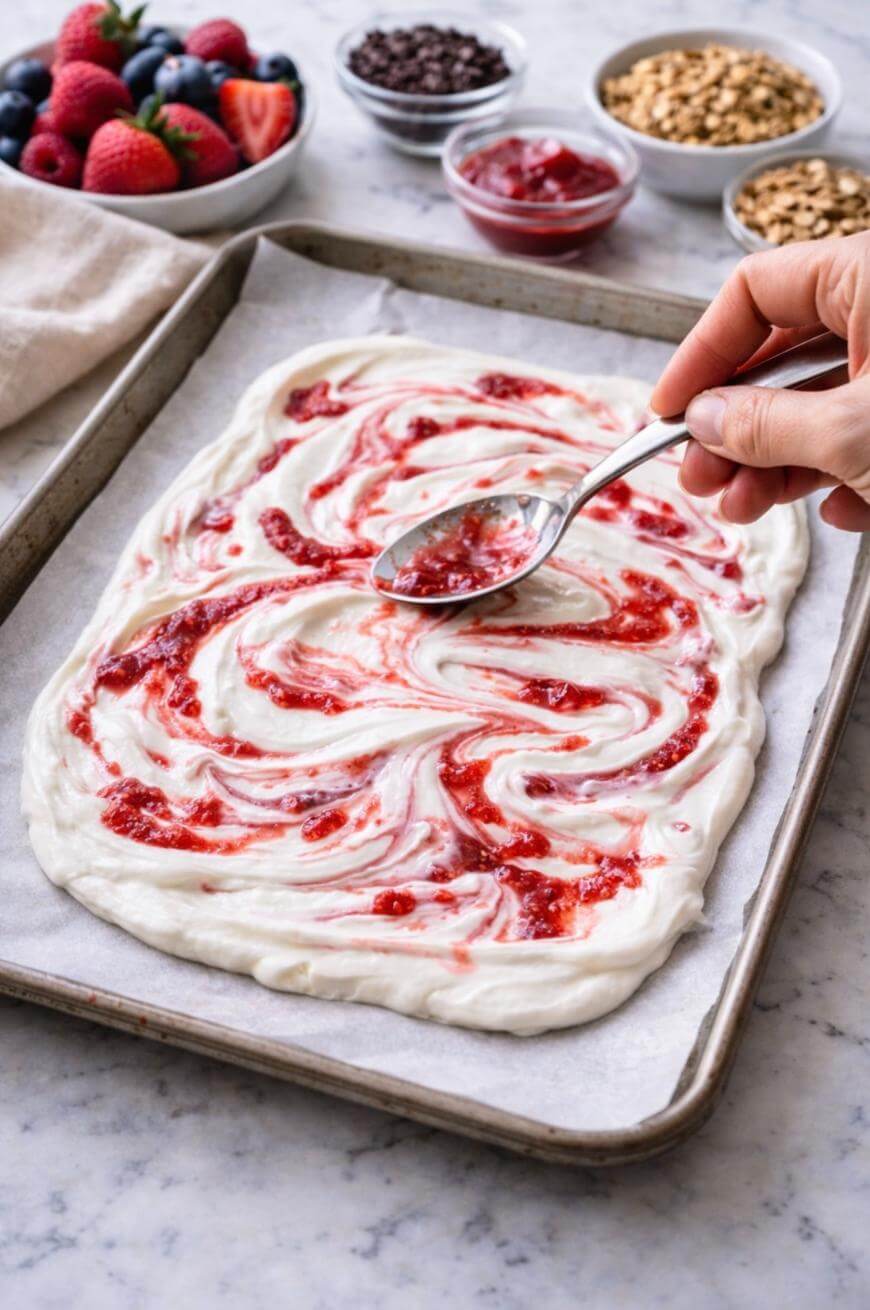 A hand swirls red jam into a layer of creamy yogurt spread on a parchment-lined baking sheet. Bowls of berries, chocolate chips, granola, and extra jam are in the background on a marble countertop.