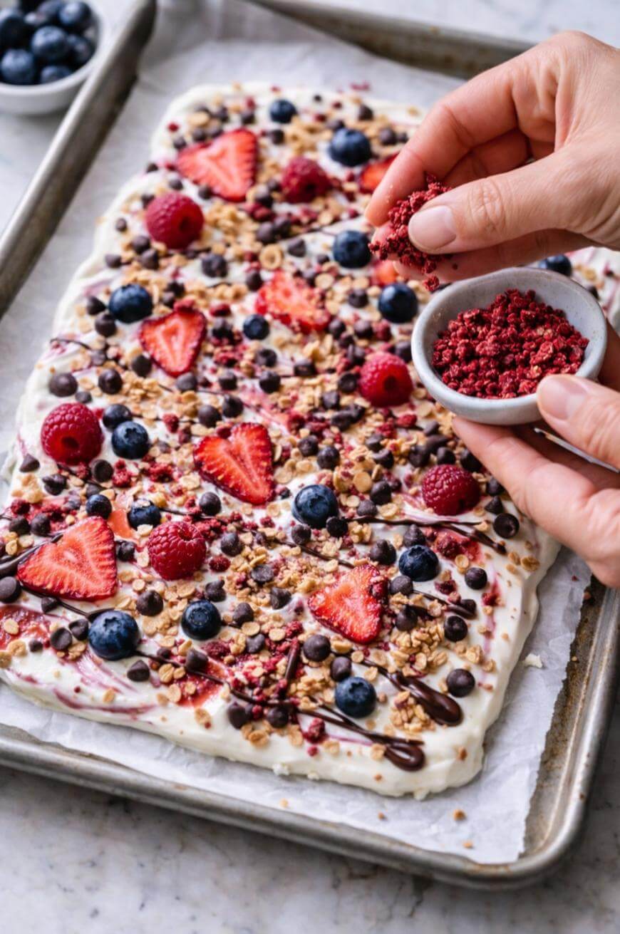 A hand sprinkles crushed dried berries over a tray of yogurt bark topped with fresh strawberries, raspberries, blueberries, granola, and chocolate drizzle. The tray sits on a baking sheet with a bowl of blueberries nearby.