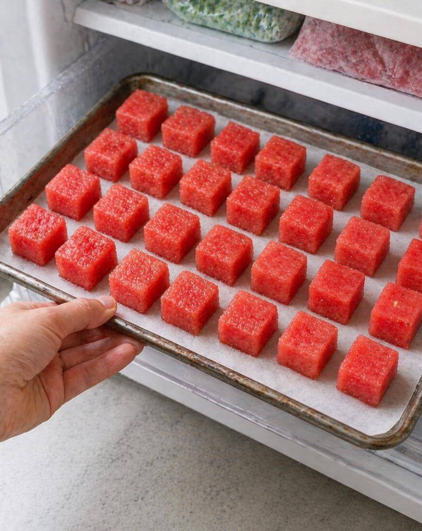 A hand is placing a tray of neatly arranged, evenly cut watermelon cubes on parchment paper into a freezer.