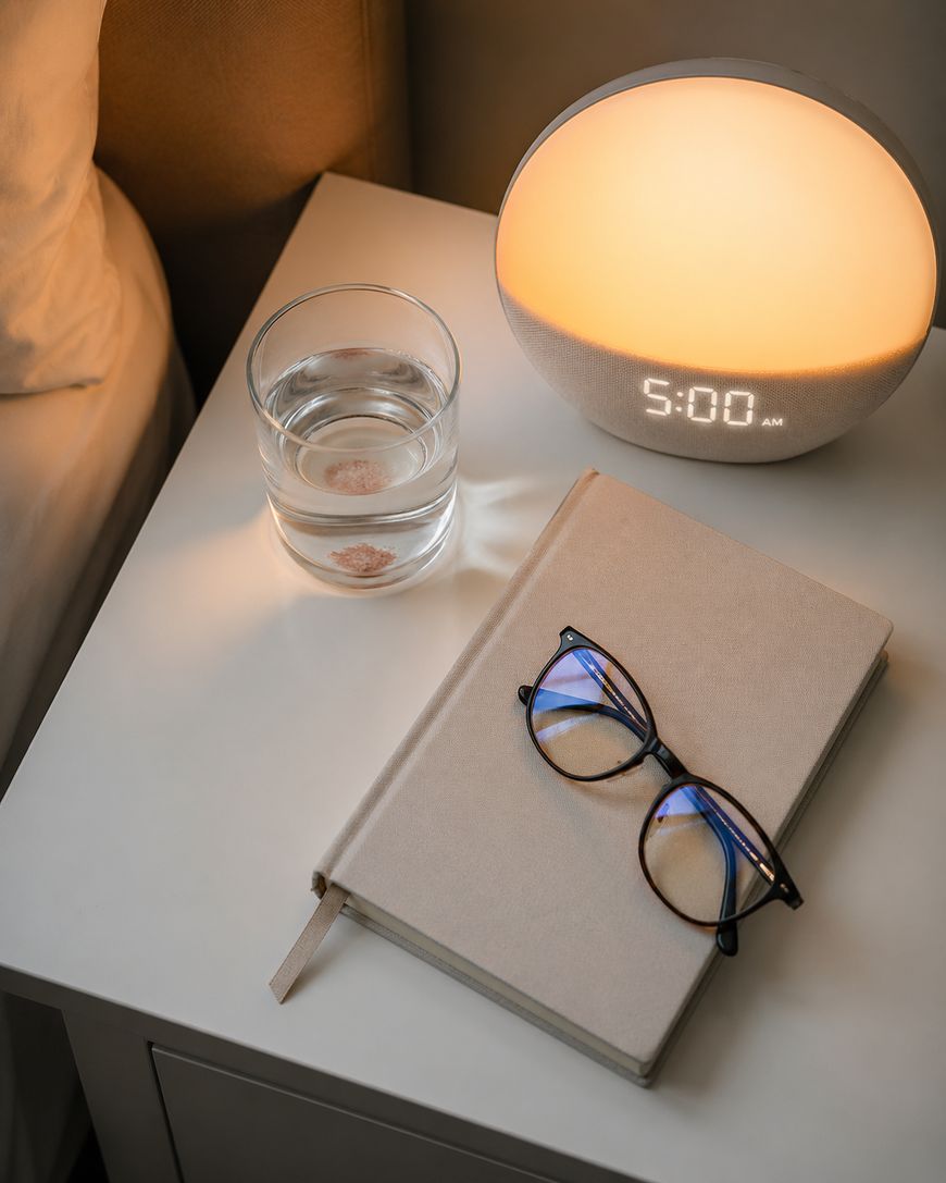A nightstand with a glass of water, a beige notebook with glasses resting on top, and a glowing digital alarm clock showing 5:00 AM. Warm light softly illuminates the scene.