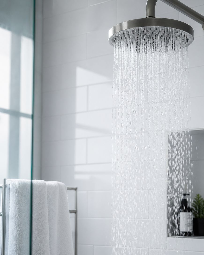 A modern rainfall showerhead with water flowing in a bright bathroom. White tiles, a glass shower door, a towel on a rack, and bottles of toiletries are visible in the background.