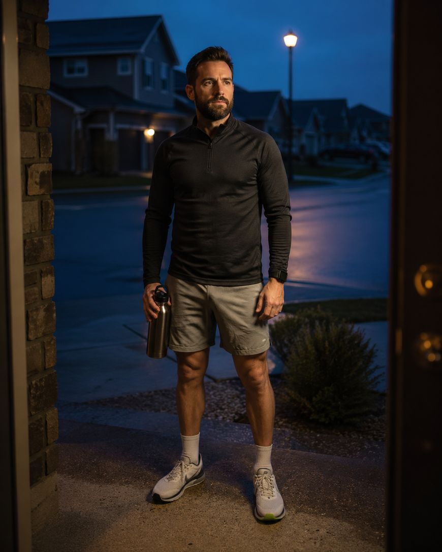 A man stands outside a house at dusk, holding a metal water bottle. He wears a black long-sleeve athletic top, gray shorts, and white running shoes. Suburban houses and a lit streetlamp are visible in the background.