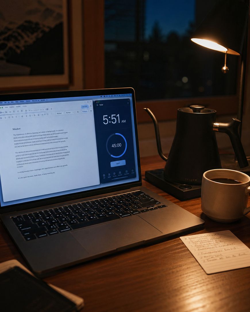 A laptop on a wooden desk displays a document and a timer at 5:51 AM. Nearby are a black electric kettle, a mug of coffee, a lamp, and a handwritten note, creating an early morning workspace scene.