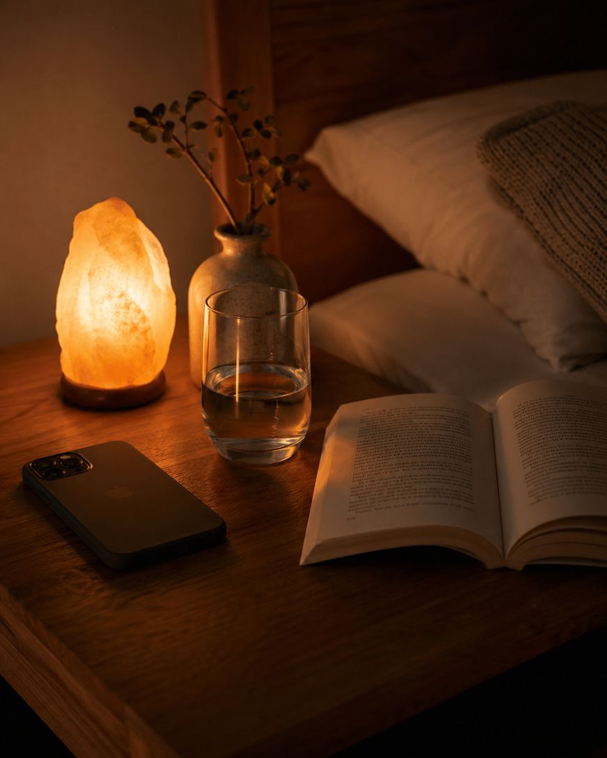 A cozy bedside table with a glowing salt lamp, a small vase with twigs, a glass of water, a smartphone, and an open book next to a bed with white pillows and a knitted blanket.
