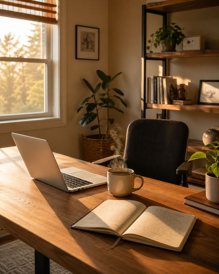 A cozy home office with a wooden desk, open notebook, steaming mug, and laptop. Sunlight streams through a window, illuminating a plant, bookshelf, and chair in a warm, inviting atmosphere.