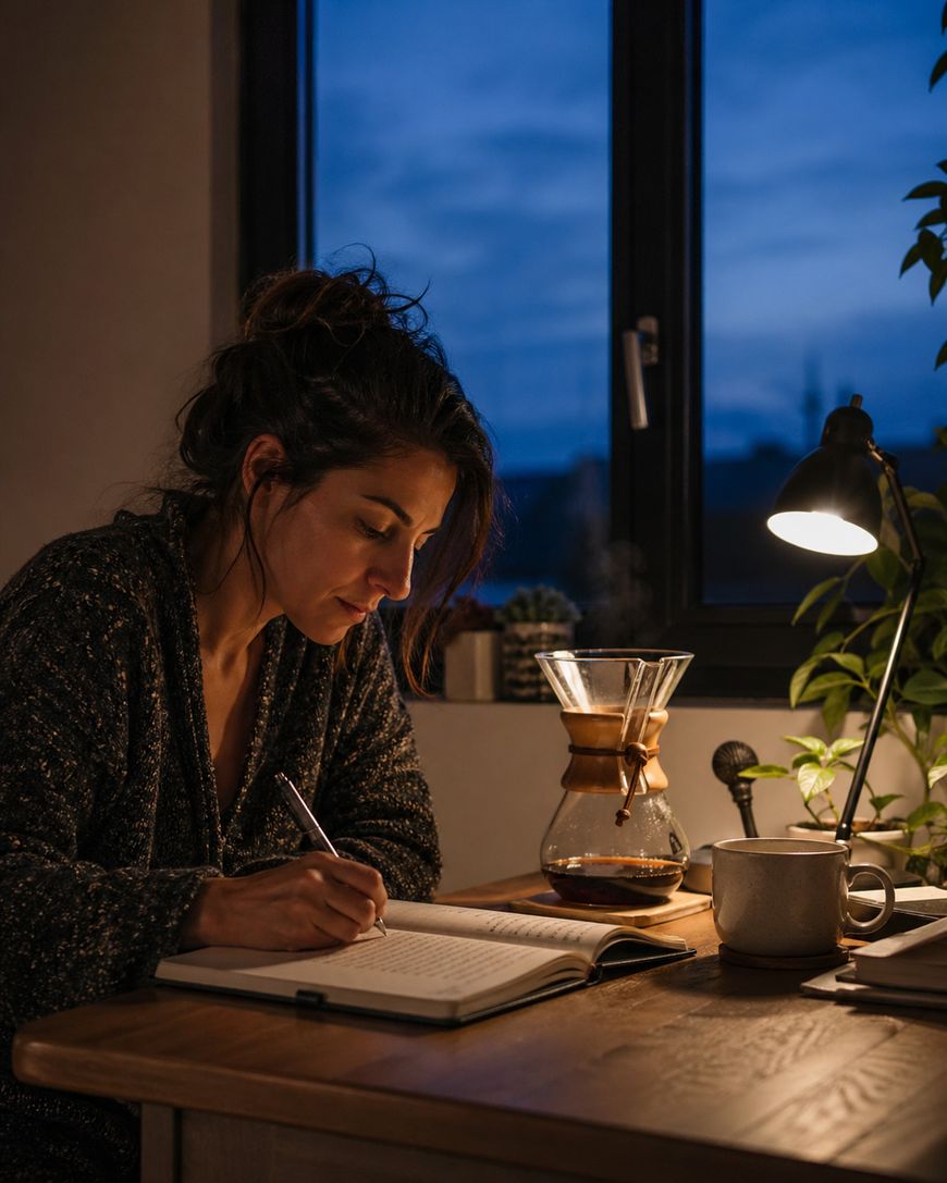 A woman writes in a notebook at a wooden desk in the evening, illuminated by a desk lamp. A mug and a Chemex coffee maker sit beside her. A window behind her shows a dark blue sky.