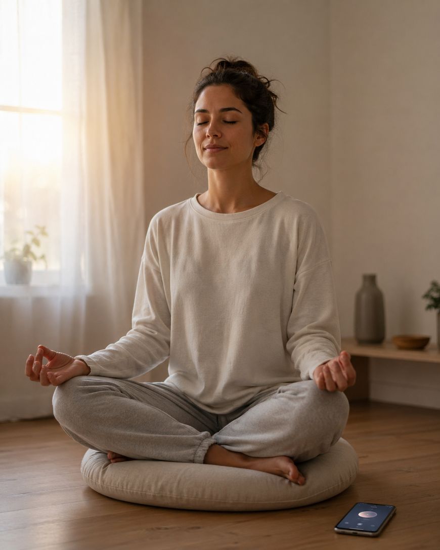 A woman sits cross-legged on a cushion in a sunlit room, meditating with eyes closed and hands resting on her knees. A smartphone lies on the floor beside her. The room appears calm and serene.