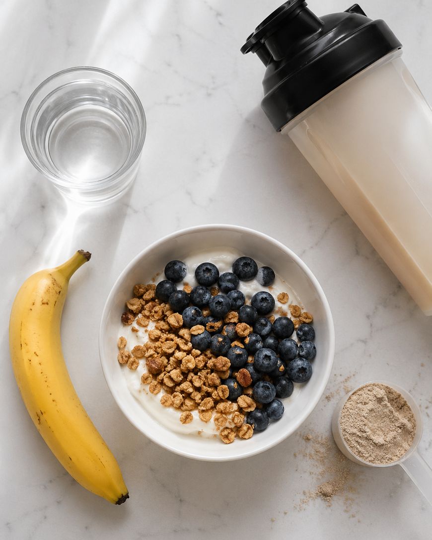 A bowl of yogurt topped with blueberries and granola sits on a marble surface next to a banana, a glass of water, a protein powder scoop, and a protein shaker bottle.