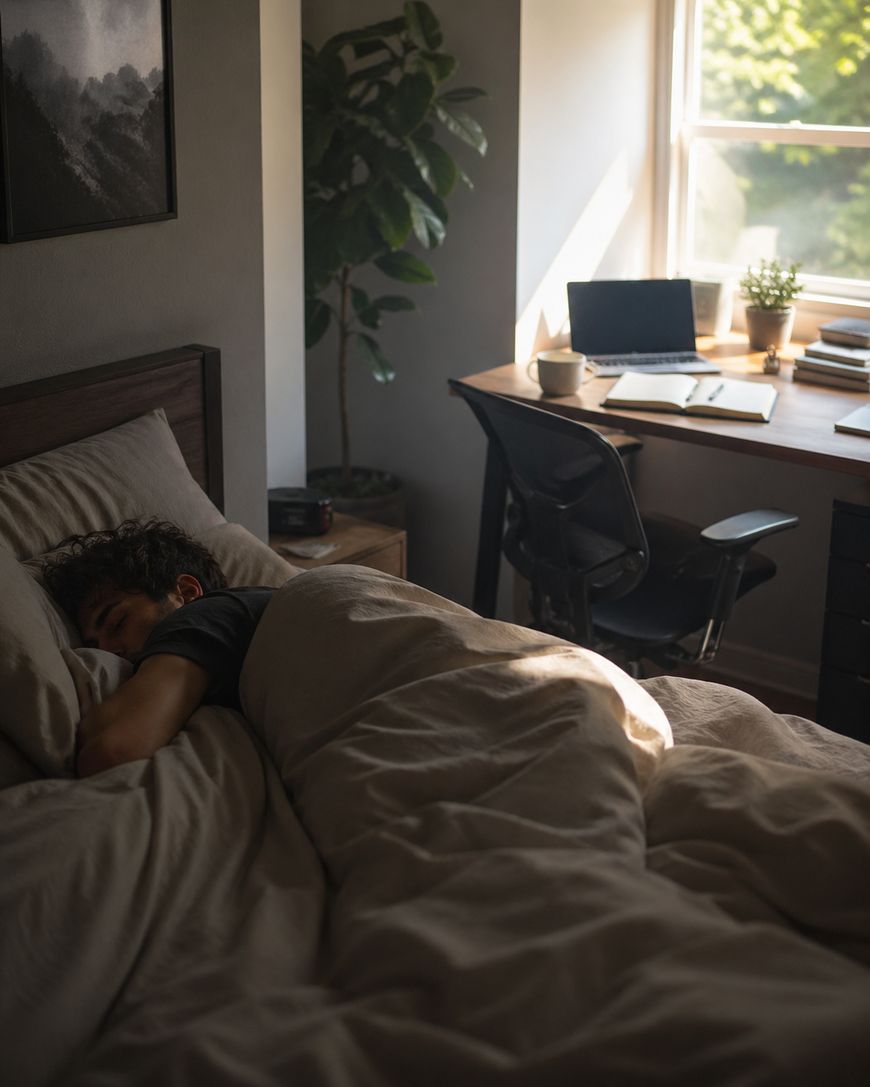 A person sleeps in a bed under beige covers in a sunlit room with a desk, chair, laptop, books, and potted plant near a window. Morning light streams in, creating a calm, peaceful atmosphere.