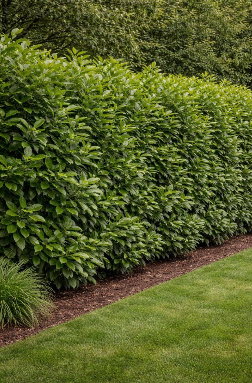 A dense, neatly trimmed green hedge lines a mulched garden bed beside a well-manicured lawn, with leafy trees visible in the background.