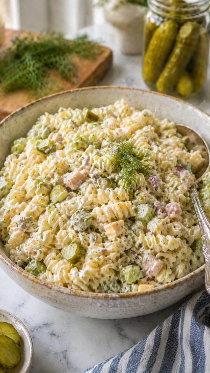 A large bowl of creamy rotini pasta salad with chopped pickles, cheese cubes, ham, and fresh dill, with a serving spoon inside. Pickles and dill are in the background on a marble surface.