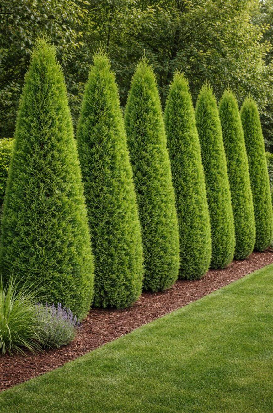 A row of neatly trimmed, tall, conical evergreen shrubs lines the edge of a well-maintained lawn, bordered by brown mulch, with dense green trees in the background.