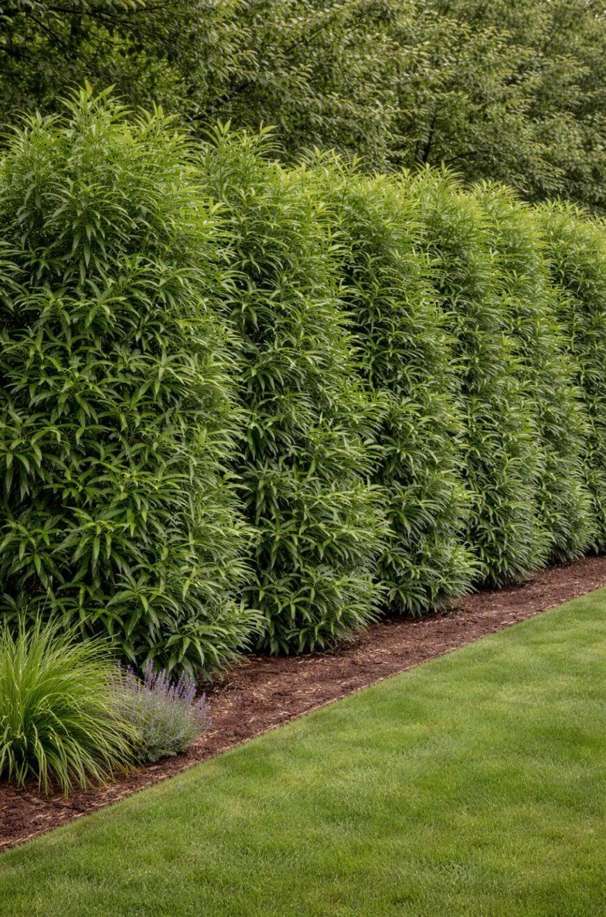 A neatly trimmed row of tall, dense evergreen shrubs forms a green privacy hedge along a mulched garden bed, bordered by manicured grass and a few smaller plants in the foreground.