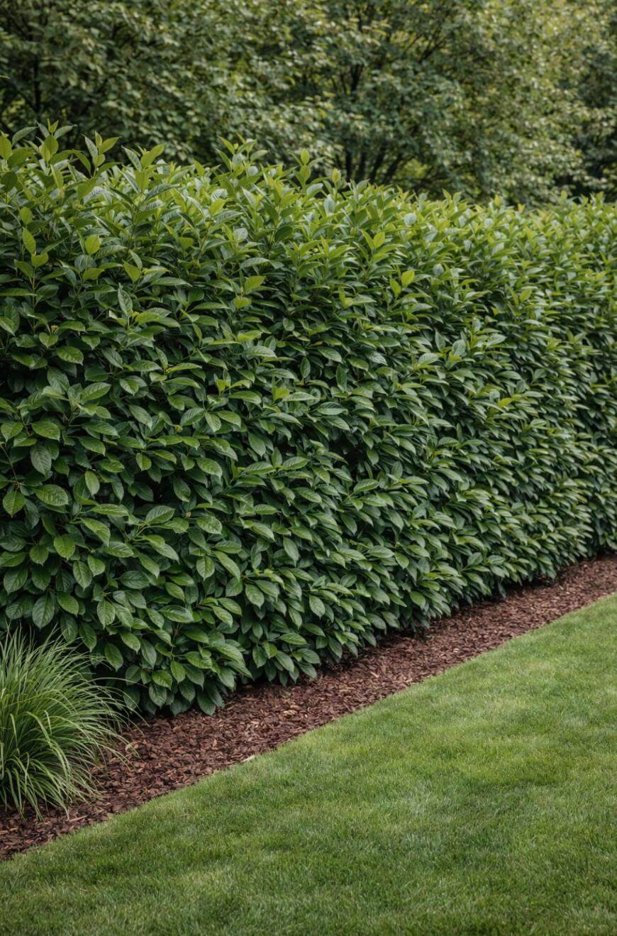 A neatly trimmed green hedge borders a mulched garden bed, with lush grass in the foreground and leafy trees in the background.