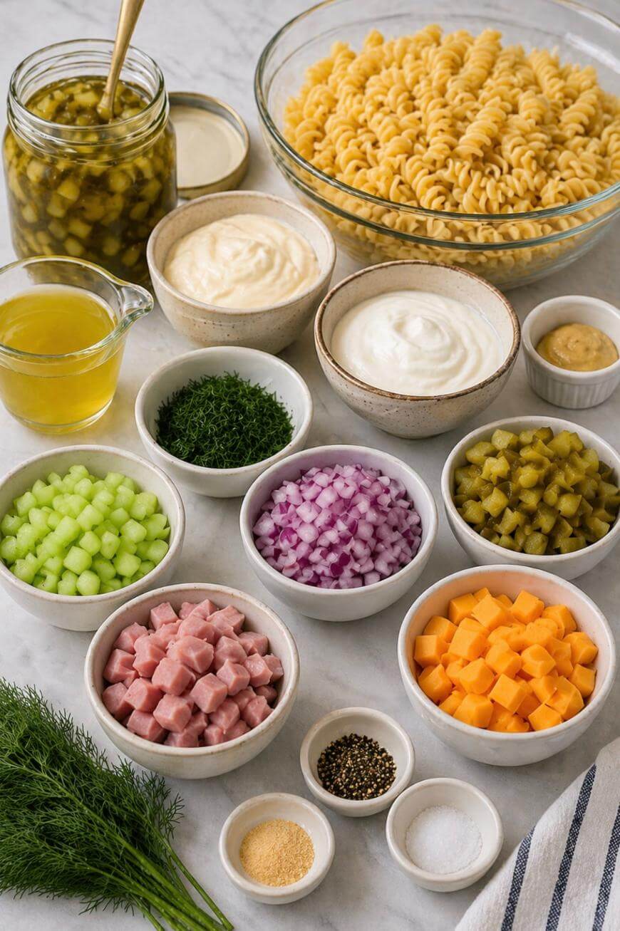 Ingredients for pasta salad organized in bowls on a countertop, including cooked rotini pasta, ham cubes, cheddar cheese cubes, diced pickles, celery, red onion, fresh dill, mayonnaise, yogurt, mustard, olive oil, and seasonings.