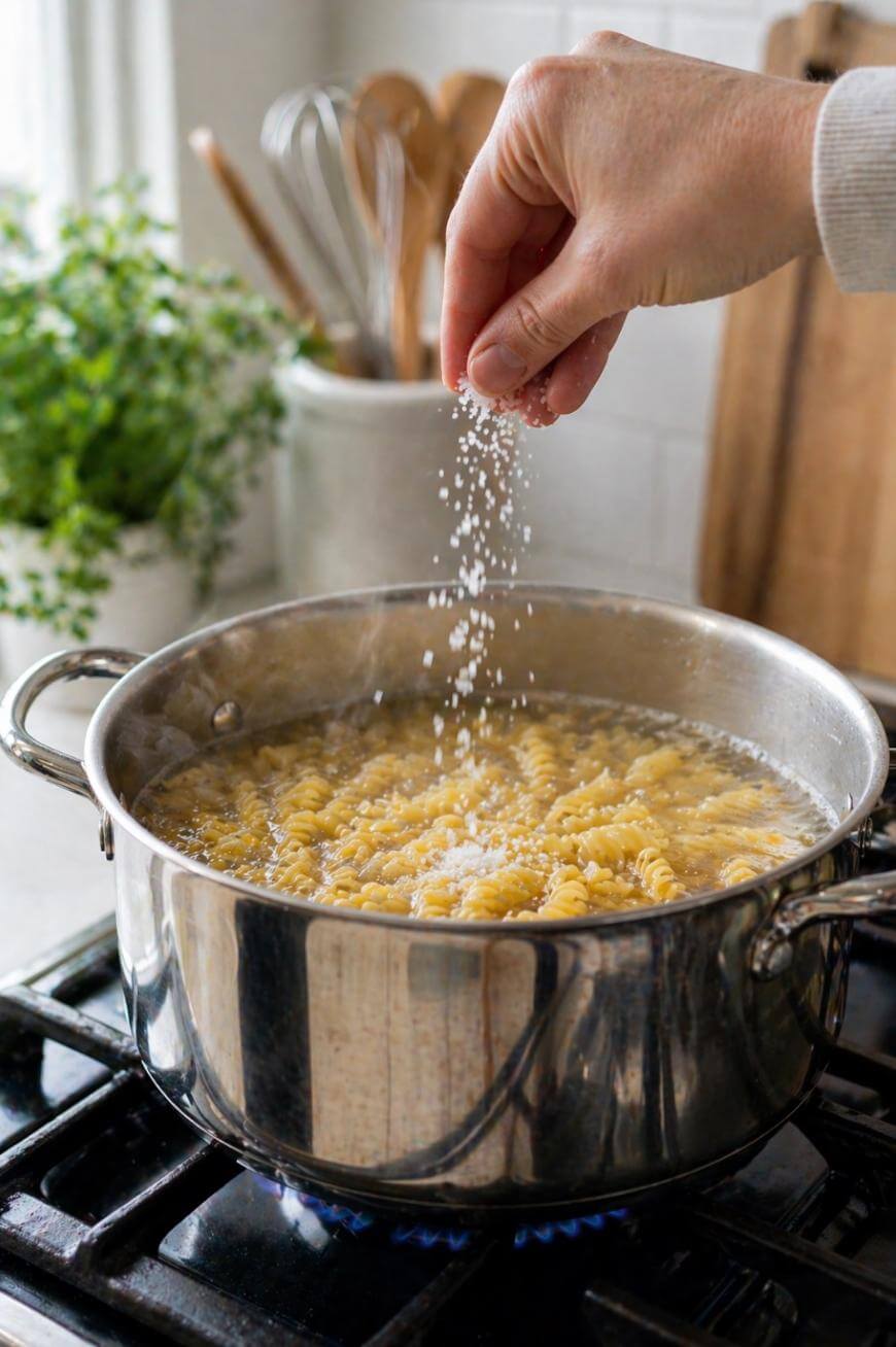 A hand sprinkles salt into a pot of boiling water with rotini pasta cooking on a stove; kitchen utensils and a green plant are visible in the background.