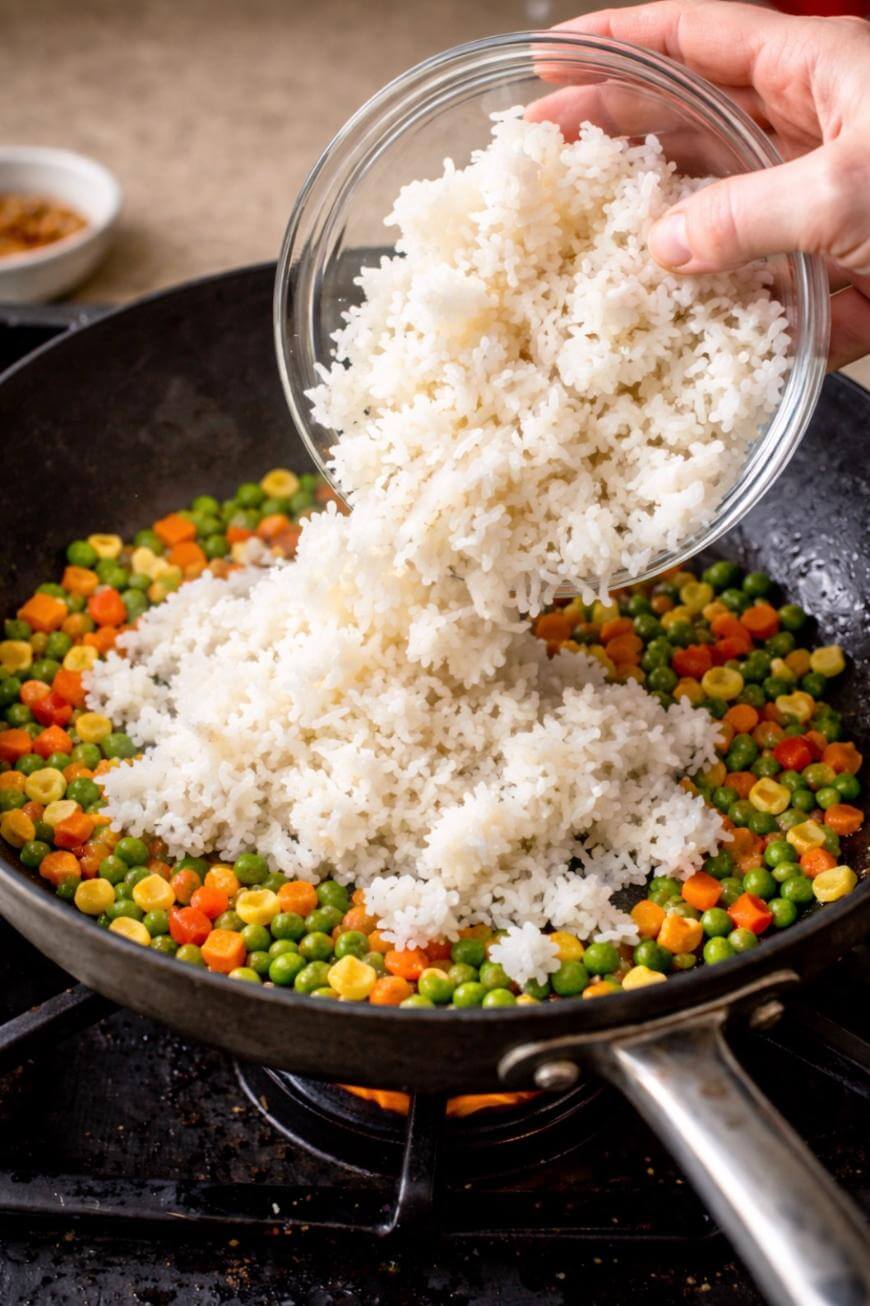 A hand pours cooked white rice from a glass bowl into a skillet filled with peas, carrots, and corn on a stovetop, preparing a mixed rice dish.