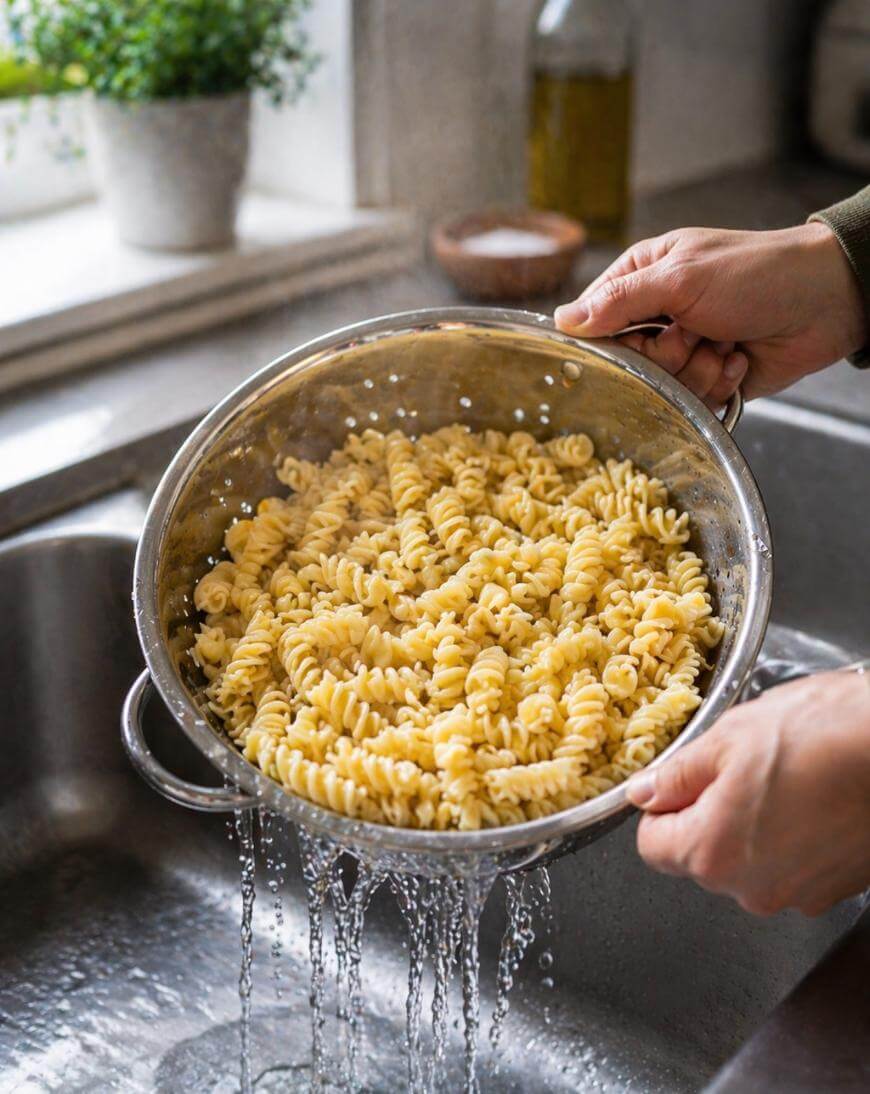 A person holds a colander filled with cooked rotini pasta, draining water over a kitchen sink. A potted plant, olive oil, and a salt container are visible on the windowsill in the background.