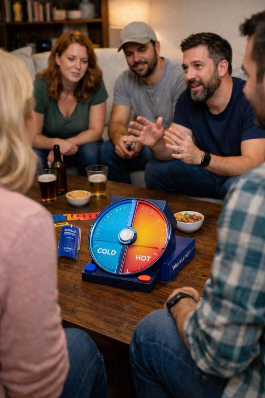 Four adults sit around a coffee table playing a guessing game that features a blue and red dial labeled “COLD” and “HOT.” Snacks and drinks are on the table, and everyone appears engaged and smiling.