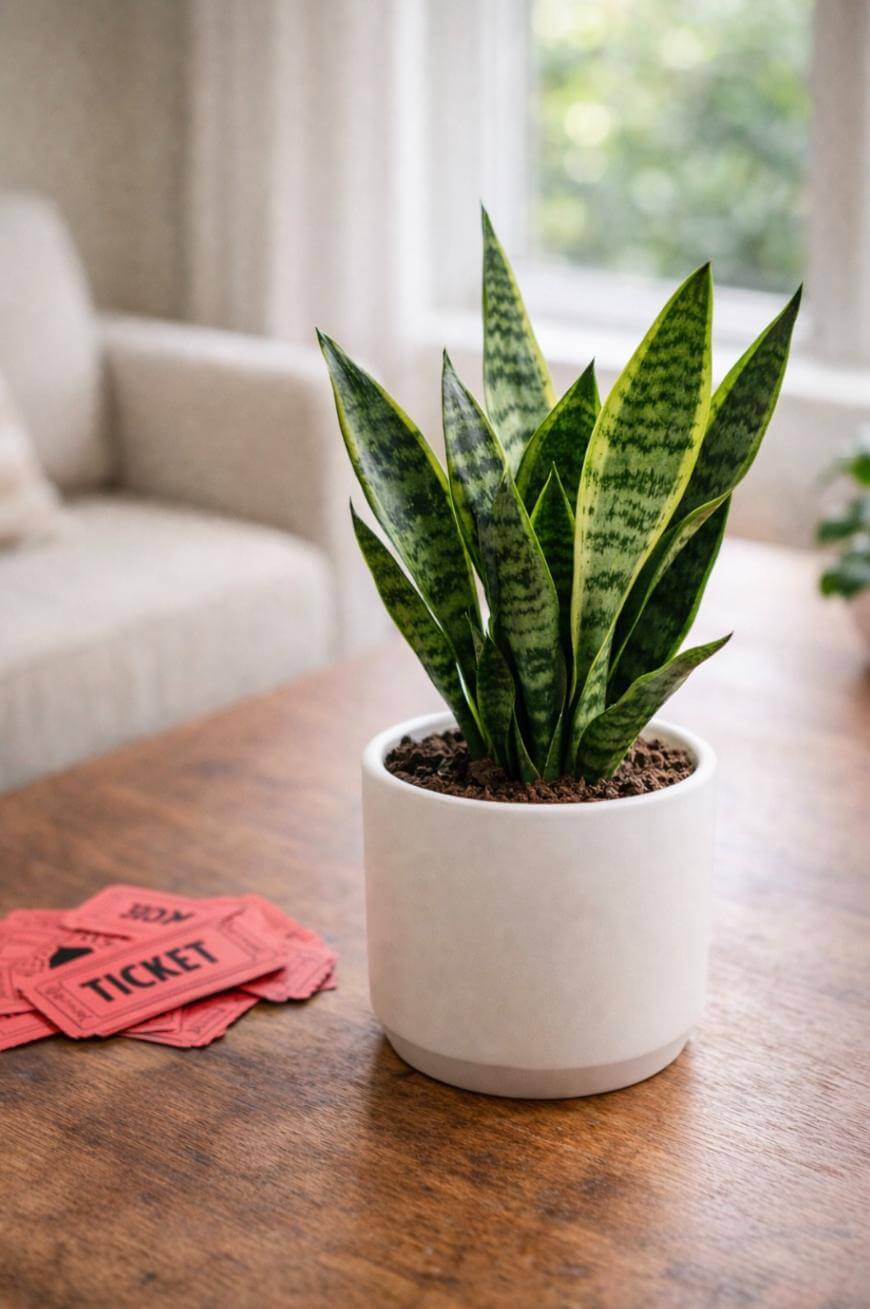 A potted snake plant sits on a wooden table next to a small stack of red raffle tickets, with a blurred sofa and window in the background.
