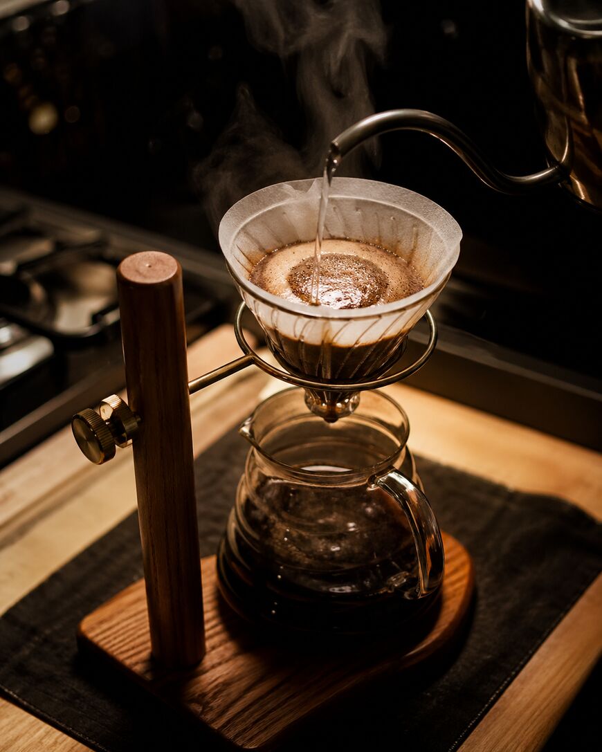 A close-up of hot water being poured from a kettle into a pour-over coffee maker with a paper filter, brewing coffee into a glass carafe on a wooden stand. Steam rises from the filter.