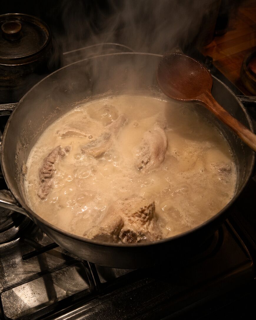 A pot of meat simmering in a creamy, bubbling broth on a stovetop, with steam rising and a wooden spoon resting on the edge of the pot.