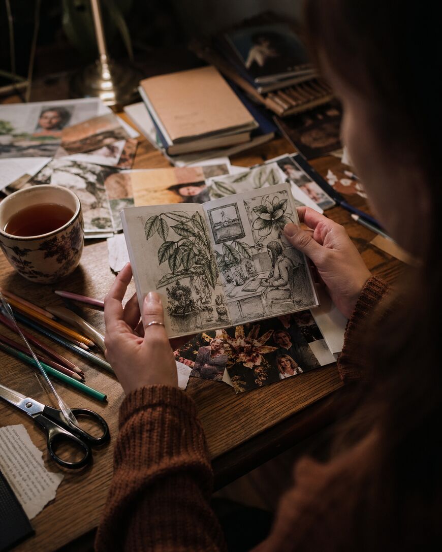 A person in a brown sweater holds a detailed sketch of plants while sitting at a cluttered wooden table with colored pencils, scissors, a cup of tea, notebooks, and scattered photos.