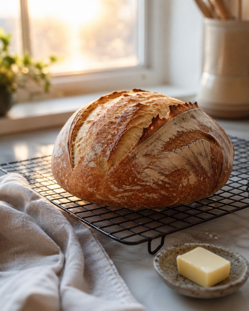 A round loaf of rustic bread cools on a wire rack by a window, with a pat of butter on a small plate and a white cloth on the countertop nearby, softly lit by natural sunlight.