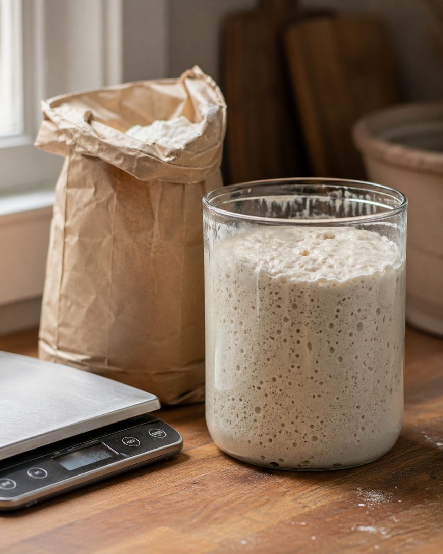 A glass jar filled with bubbly sourdough starter sits on a wooden countertop beside a bag of flour and a digital kitchen scale, with sunlight coming through a nearby window.