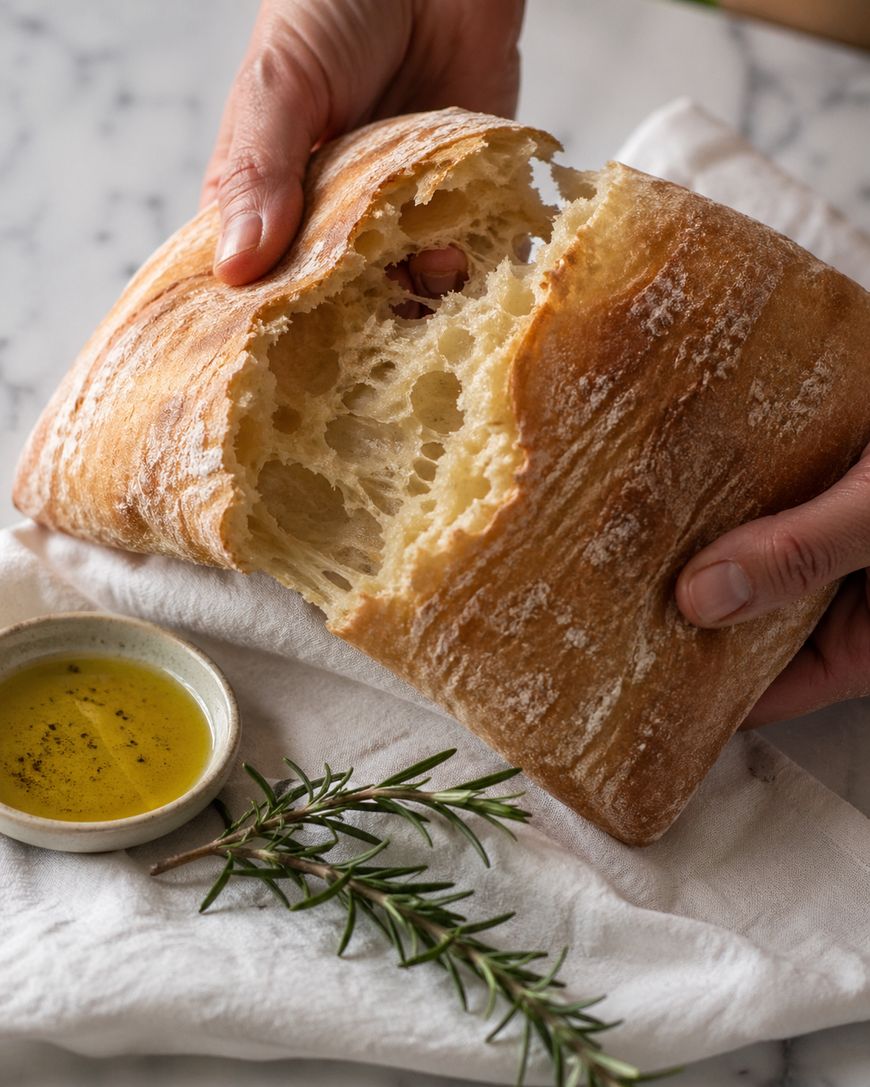 A person tears a loaf of rustic, airy bread in half over a white cloth, with a sprig of rosemary and a small dish of olive oil on the side.