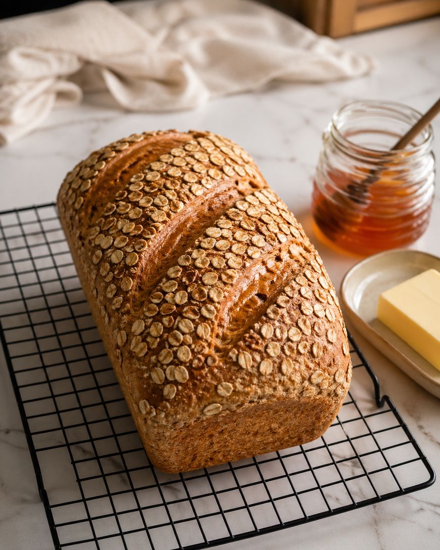 A loaf of oat-topped bread cooling on a wire rack, with a jar of honey, a honey dipper, and a plate of butter on a marble countertop.