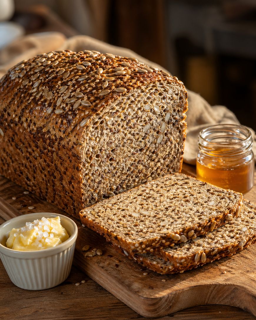 A loaf of multigrain bread with seeds, partially sliced on a wooden board. Two slices are in front, beside a small dish of butter with salt flakes and a jar of honey. Warm, rustic setting.