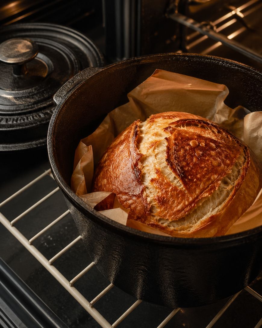 A golden-brown loaf of bread sits on parchment paper inside a black cast iron Dutch oven, which is on an oven rack with the oven door open.