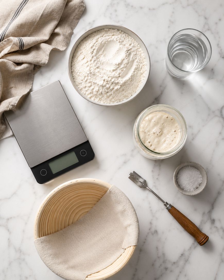 A marble countertop with a kitchen towel, bowl of flour, glass of water, digital scale, jar of sourdough starter, small bowl of salt, fork, and a proofing basket lined with cloth.