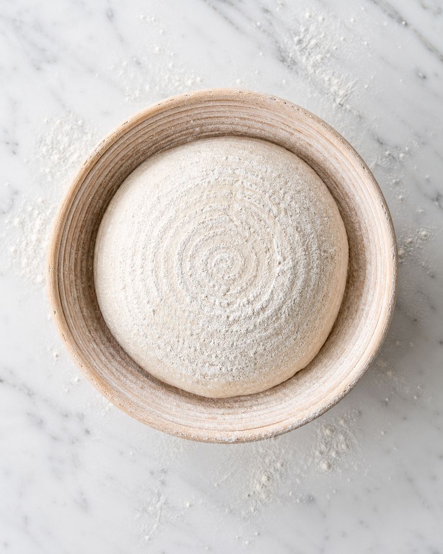 A round ball of bread dough, dusted with flour, sits in a wooden proofing basket on a marble countertop with scattered flour around.