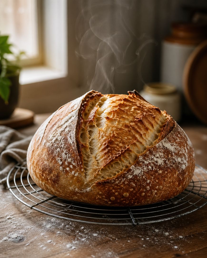 A round, crusty loaf of artisan bread with a golden-brown, scored top sits on a cooling rack. Steam rises gently from the bread, and the rustic kitchen background is softly lit by natural light.