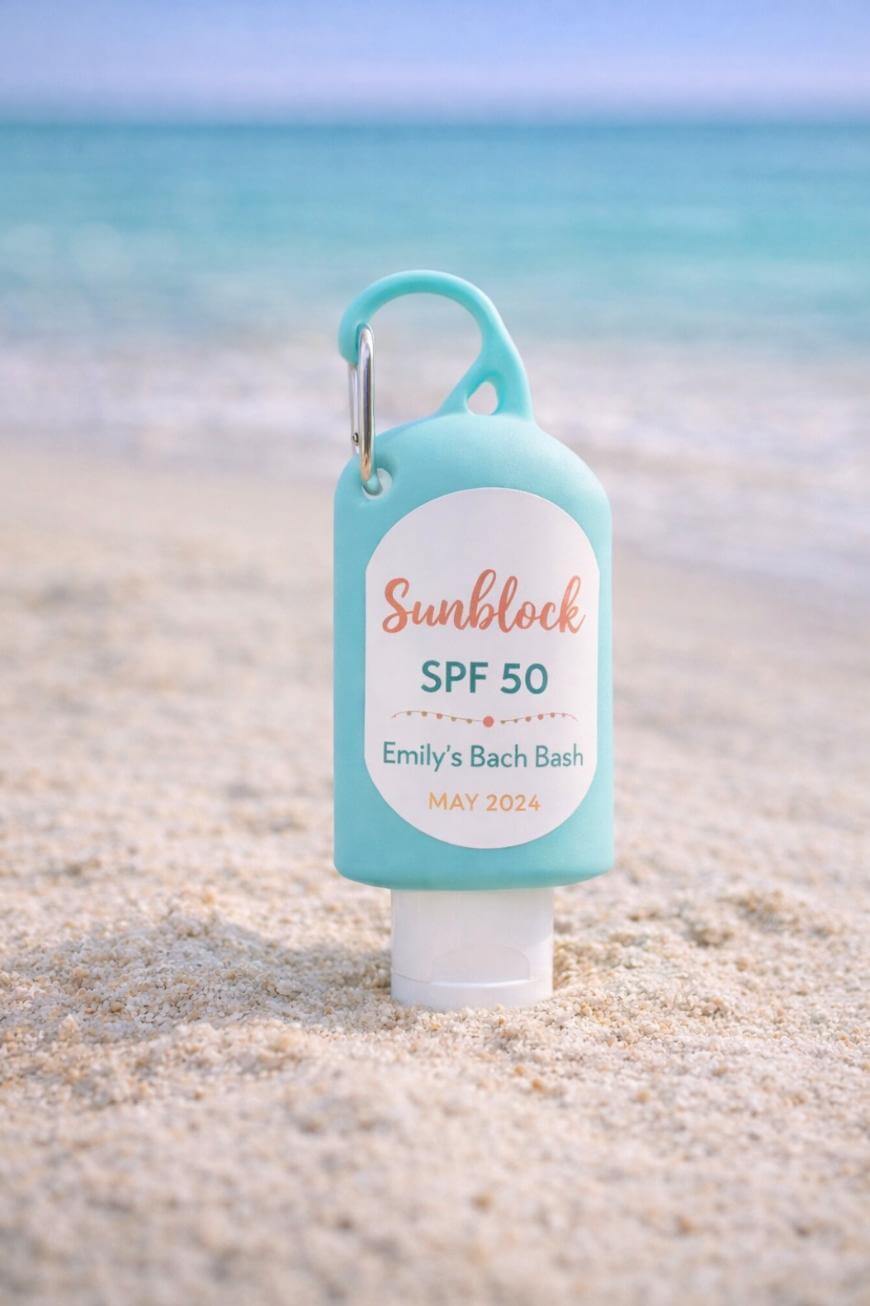 A small, blue bottle of SPF 50 sunblock labeled Emilys Bach Bash, May 2024 stands upright on sandy beach with the sea and sky blurred in the background.