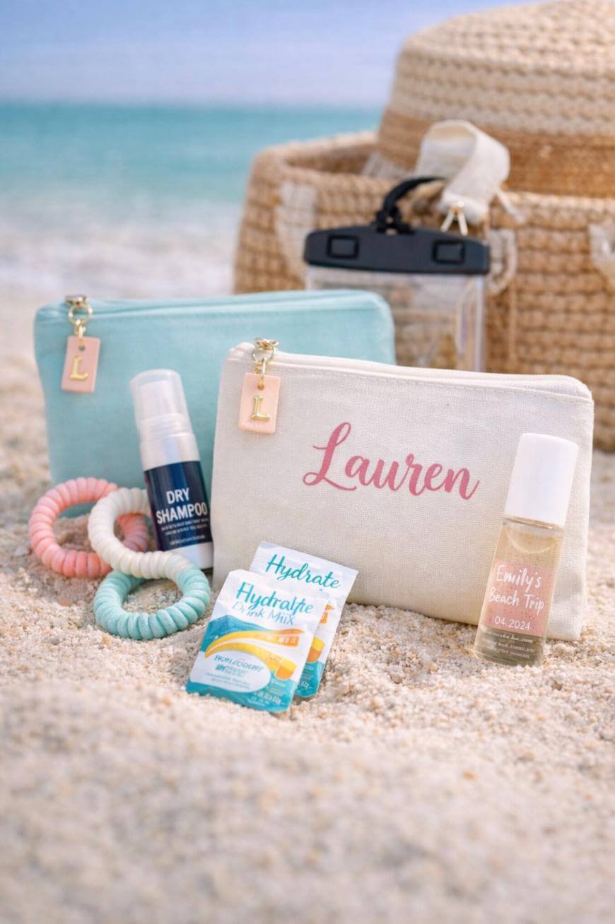 Pouches, hair ties, dry shampoo, hydration packs, and a small spray bottle labeled Emilys Beach Trip are arranged on sand, with a straw hat and the ocean in the background.