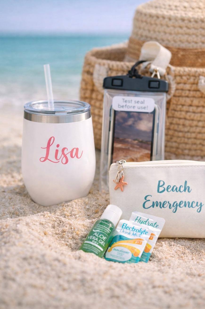 A personalized tumbler with Lisa, a phone in a waterproof case, a woven bag, a Beach Emergency pouch, aloe gel, and electrolyte drink mix packets on sand by the sea.