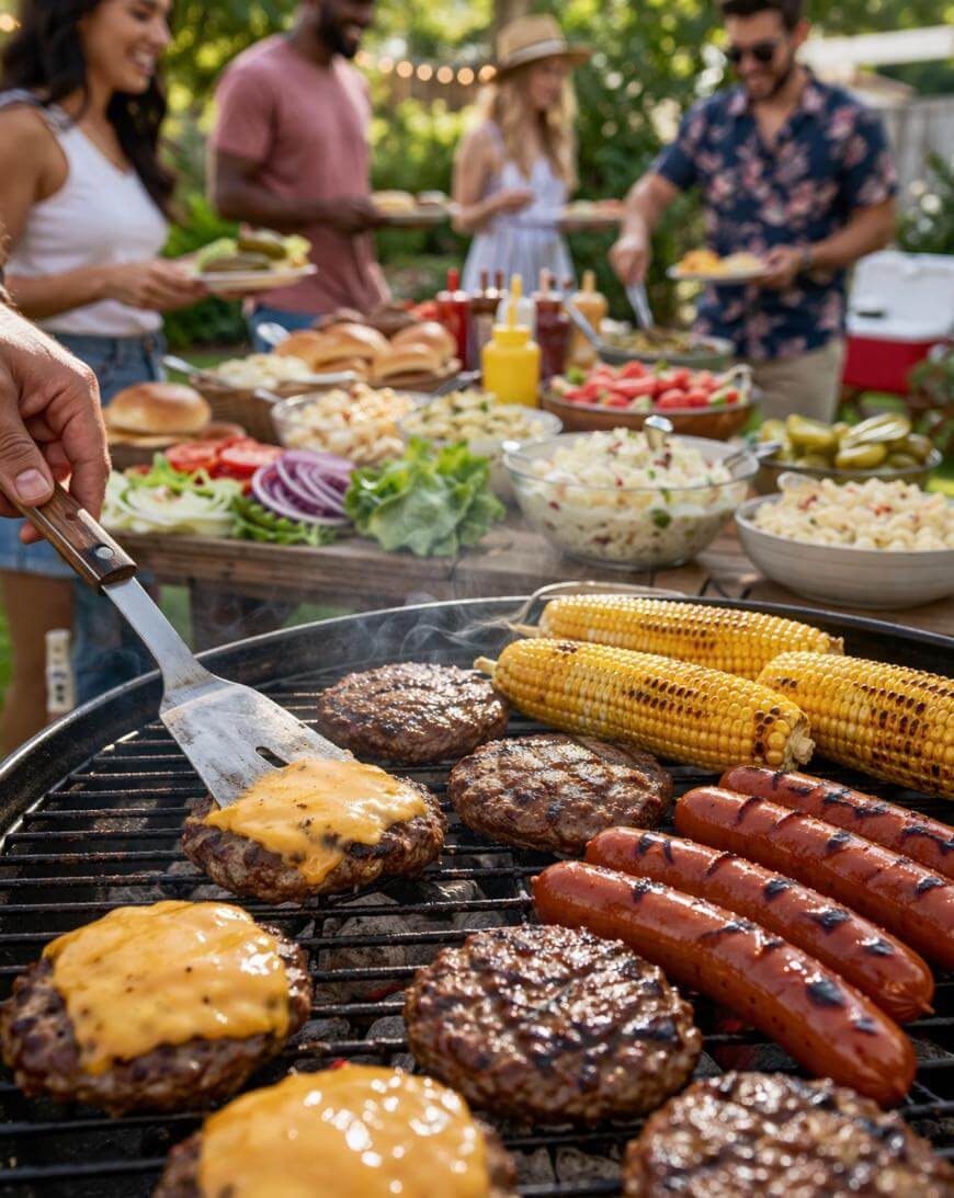 People grilling cheeseburgers, hot dogs, and corn on a barbecue, with friends in the background serving themselves salads, buns, and toppings at an outdoor picnic table in a sunny garden setting.