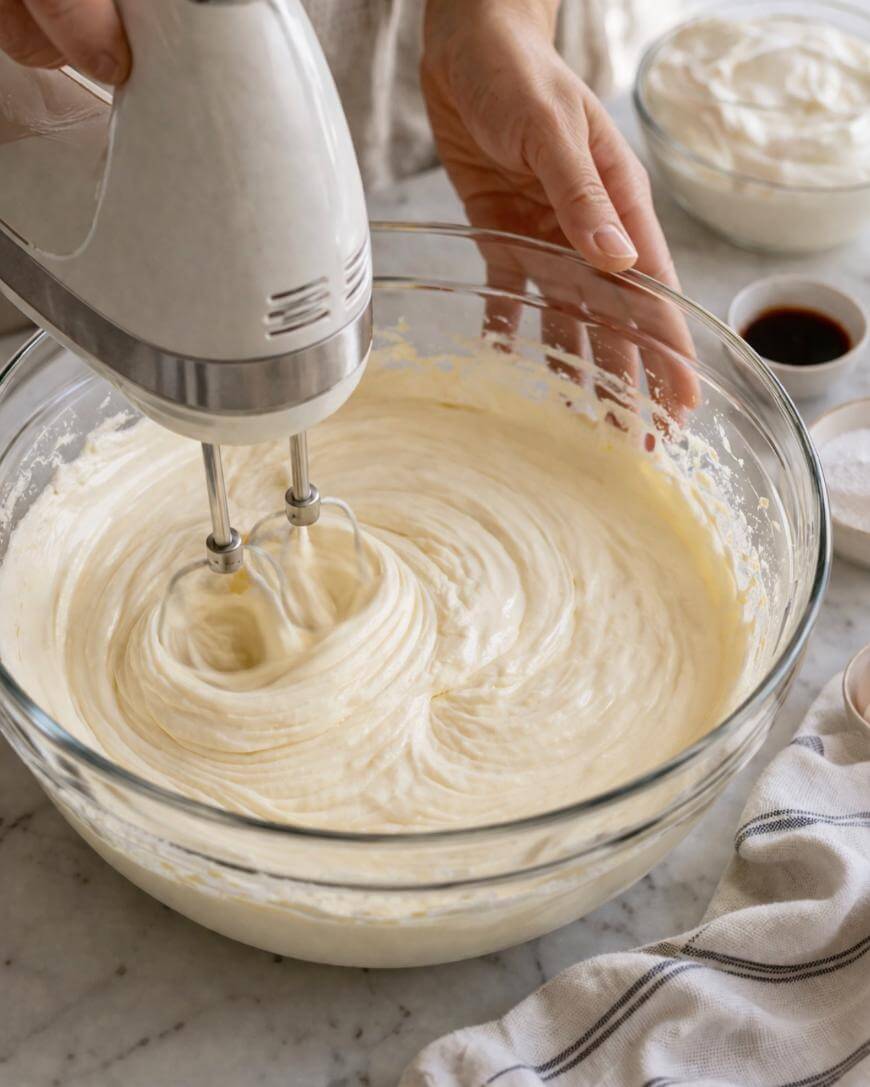 A person uses a hand mixer to blend a creamy batter in a clear glass bowl on a marble countertop, with ingredients like whipped cream and vanilla nearby.