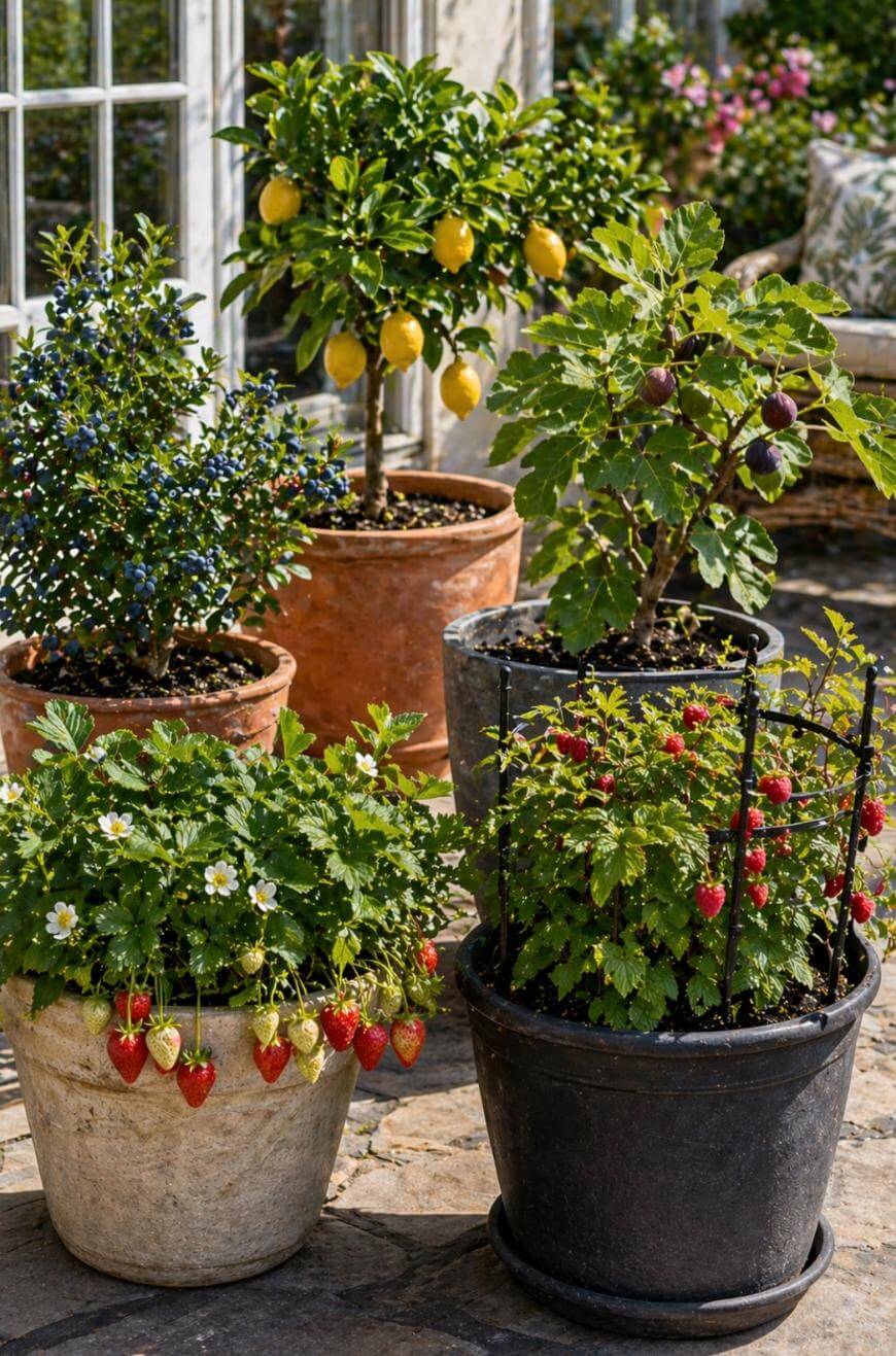Five potted fruit plants on a patio: lemon, fig, blueberry, strawberry, and raspberry, each bearing ripe fruit and green leaves, with a sunlit garden and glass doors in the background.