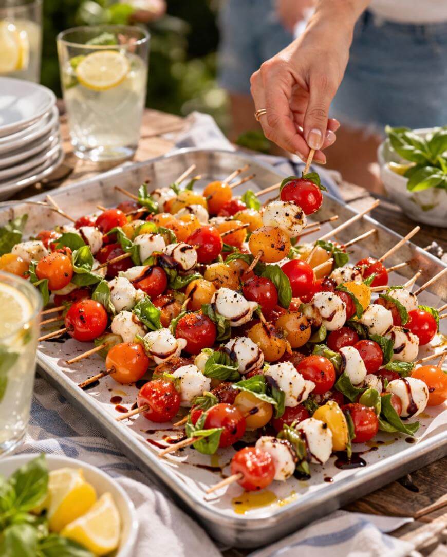 A hand reaches for a skewer from a tray of colorful caprese skewers made with cherry tomatoes, mozzarella balls, basil leaves, and drizzled with balsamic glaze. Glasses of lemon water and plates sit nearby on a sunlit outdoor table.
