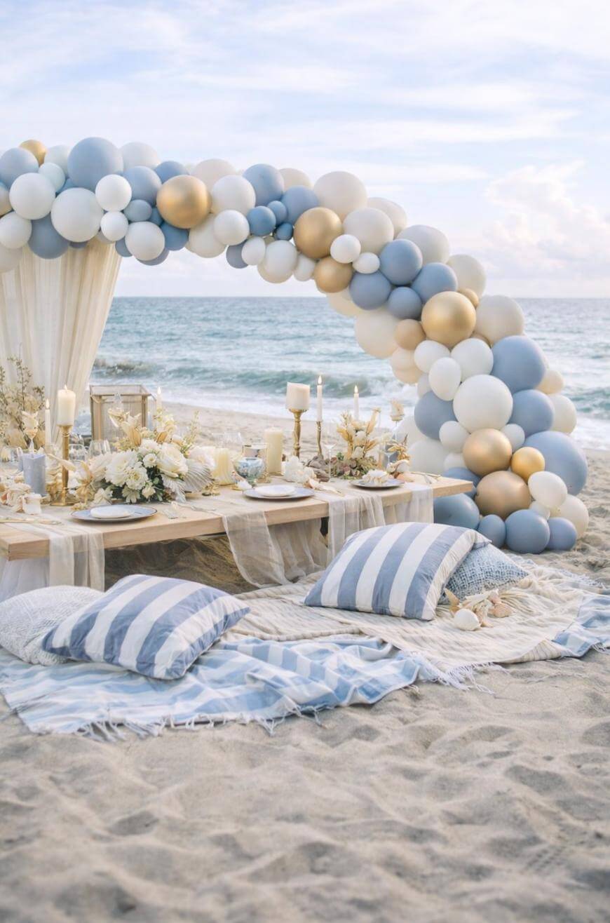 A beach picnic setup with a low table, candles, floral arrangements, and blue-and-white striped cushions on blankets. An arch of white, gold, and blue balloons frames the scene, with the ocean and sky in the background.