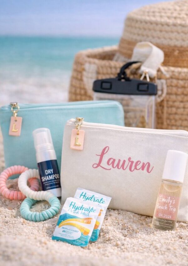 A beach scene with two pastel zipper pouches, a straw hat, hydrating drink packets, dry shampoo, hair ties, and a small bottle labeled “Emily’s Beach Trip 06.2024” arranged on sand near the ocean.