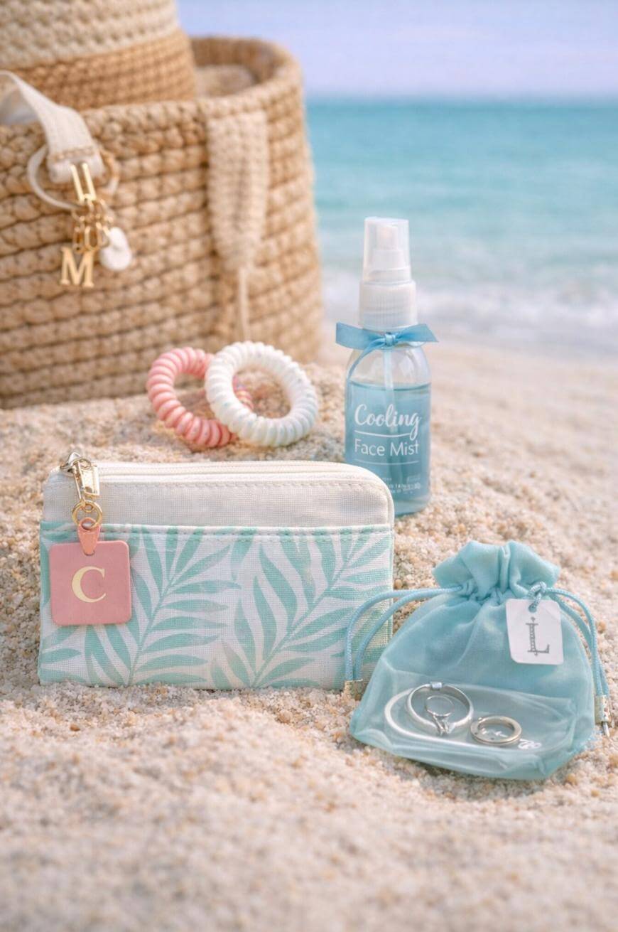A beach scene with a woven bag, pastel hair ties, a blue cooling face mist, a palm-leaf print pouch, and a small blue drawstring bag holding rings and earrings, all placed on sandy beach near the ocean.